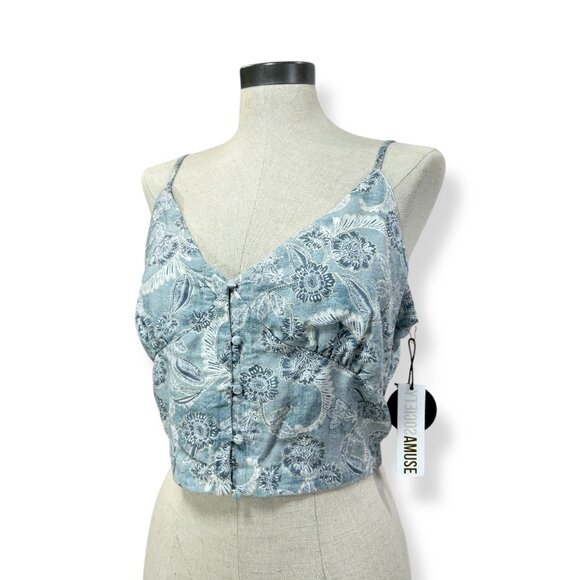 AMUSE SOCIETY Crop Cami Tank Sz L Spaghetti Strap Floral Paisley Button Crop Top - Picture 1 of 8
